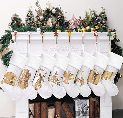 Christmas Stockings 8 Pack for Family 20" Gold Sequins White Velvet with Soft Fa
