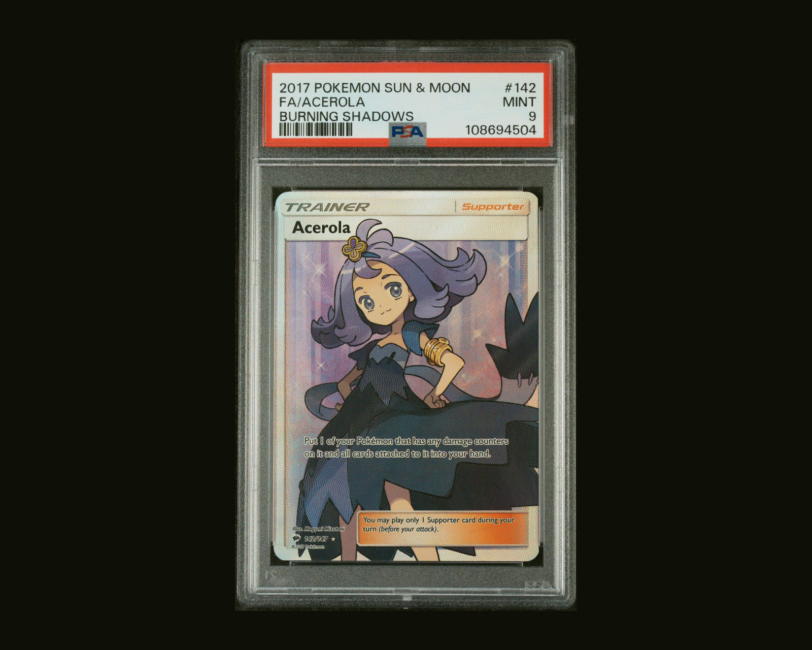 PSA 9 MINT Acerola 142/147 Sun & Moon Burning Shadows Full Art HOLO Pokemon Card