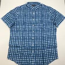 Lands' End Linen Shirt Men L/T Large Tall LT Button Up Short Sleeve Blue Check