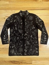 Carole Little Size Small Brown 100 Wool Kimono Style Jacket Floral embroidered