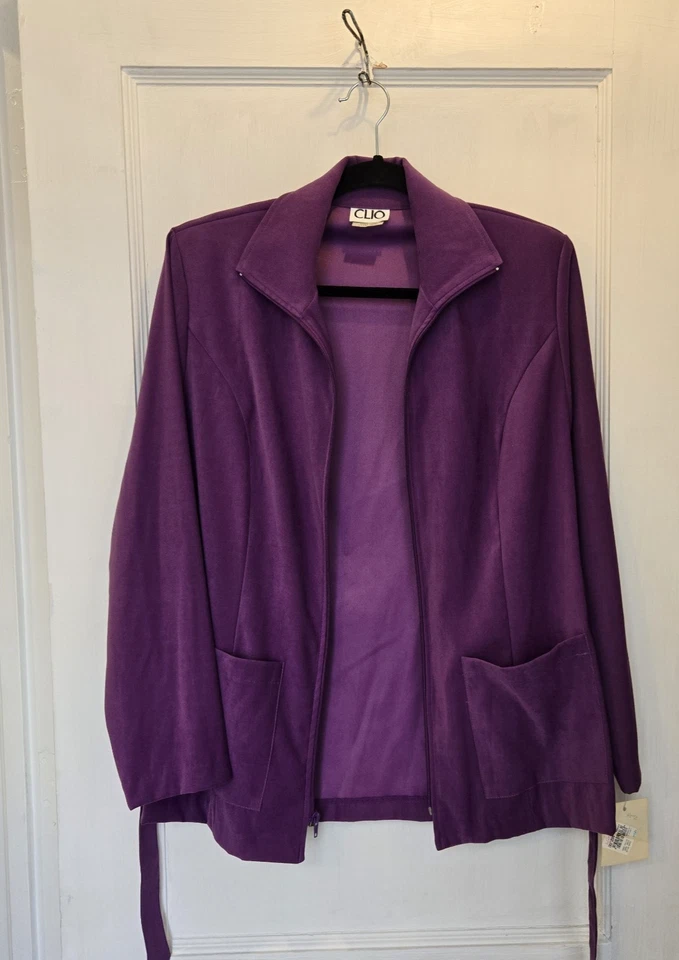 VTG W/ Tags Clio Women's Belted Light Jacket Full Zip Suede Feel Purple Medium - Image 3 of 4