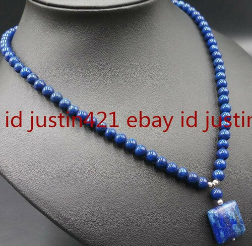 Natural 6mm Lapis Lazuli Round Beads Square Pendant Gemstone Necklace 18'' AAA - Picture 4 of 12