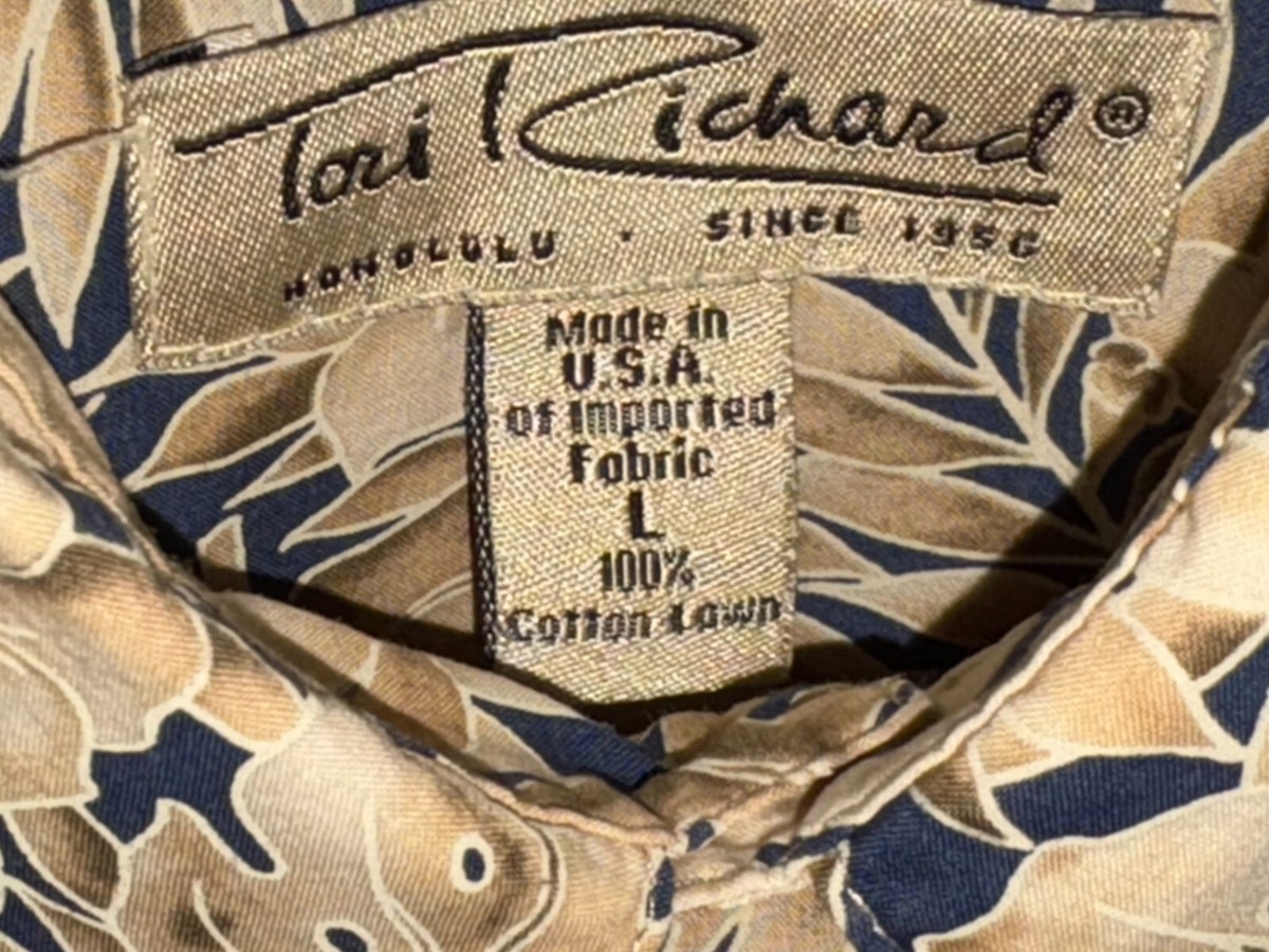 Vintage Tori Richard Men's Hawaiian Beige/Blue Leaf Cotton Lawn Shirt Size Large View 5