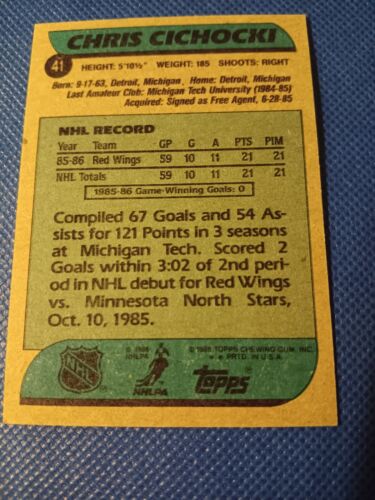 Tarjeta de novato de hockey 1986-87 Chris Cichoki Topps NHL RC #41 Detroit Red Wings - Imagen 2 de 2