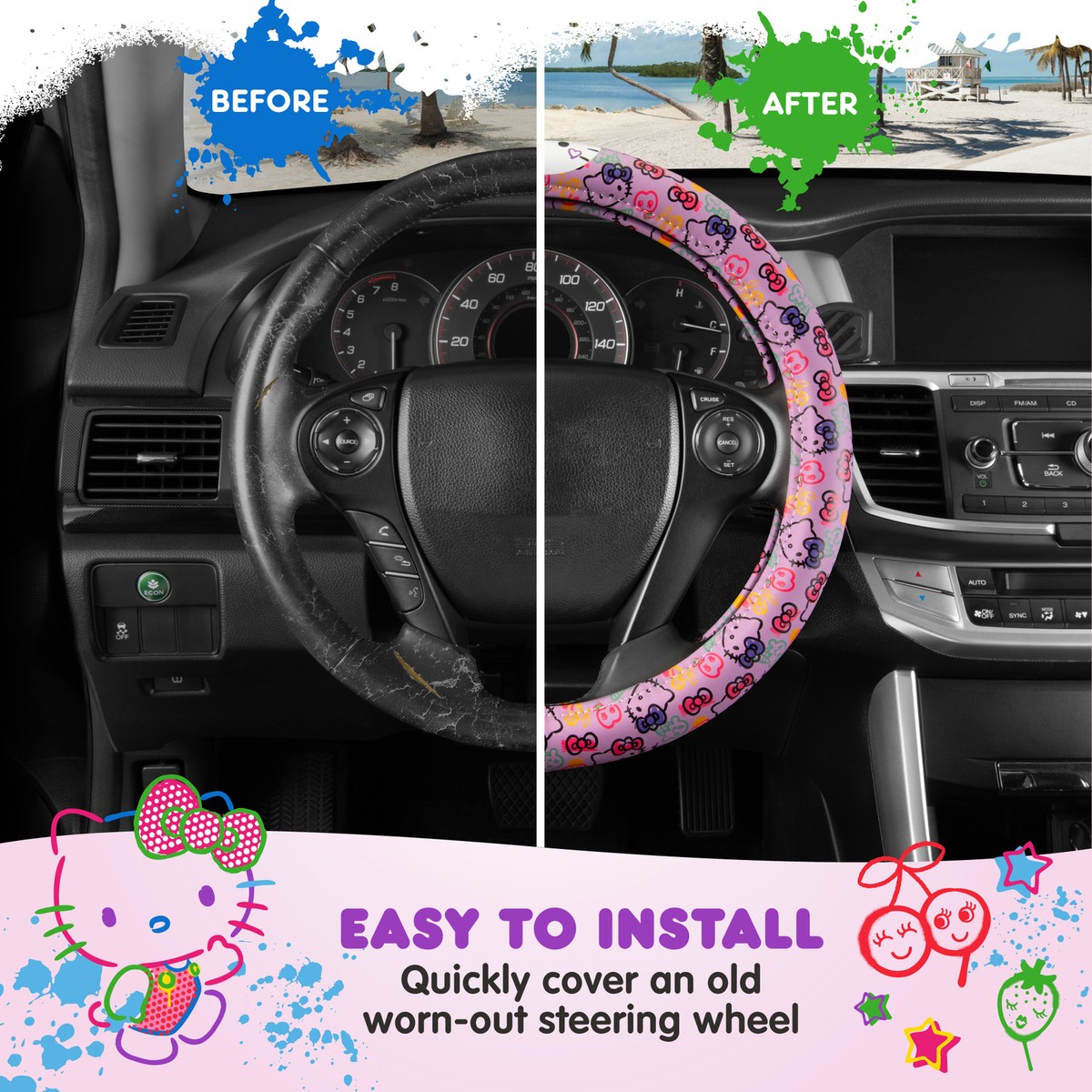 Hello Kitty Steering Wheel Cover, Universal size, Lavender Print