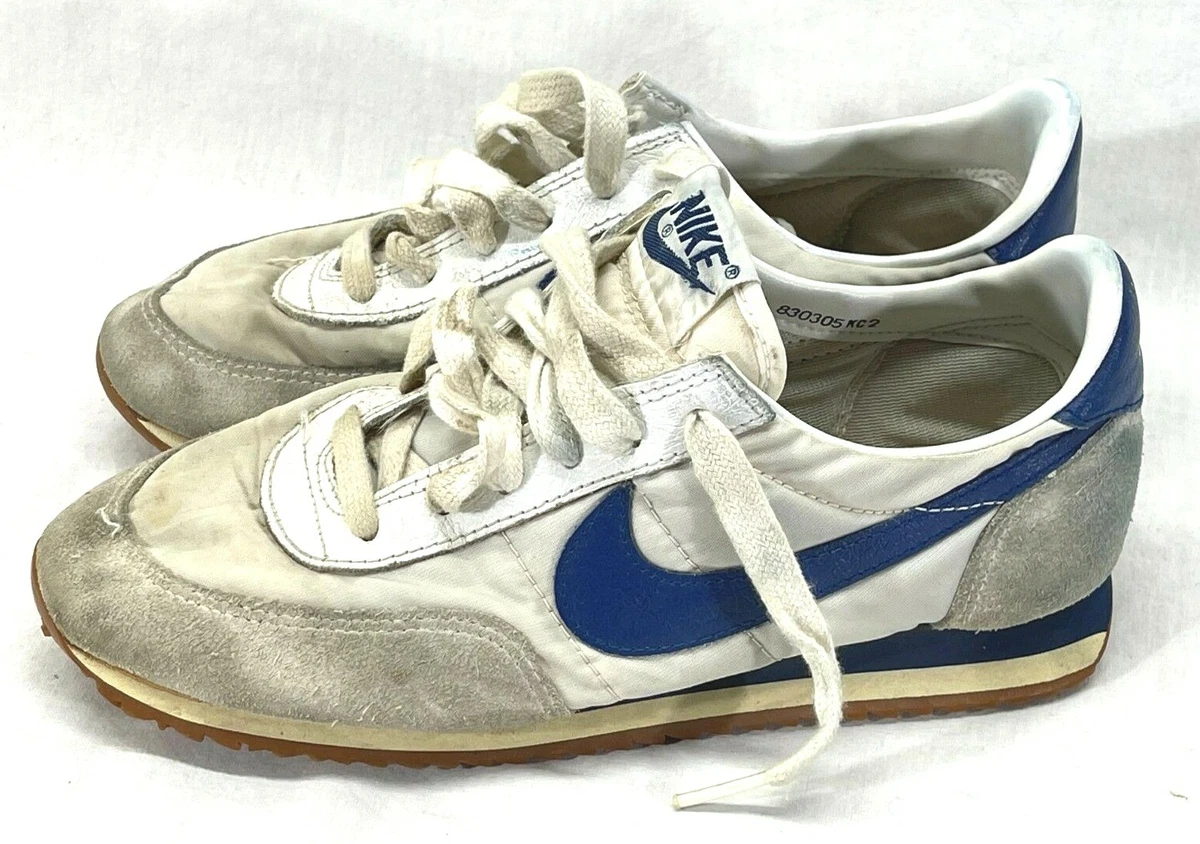 Vintage Nike Running Shoes 70s 80s White Gray With Blue Swoosh - Youth 7.5