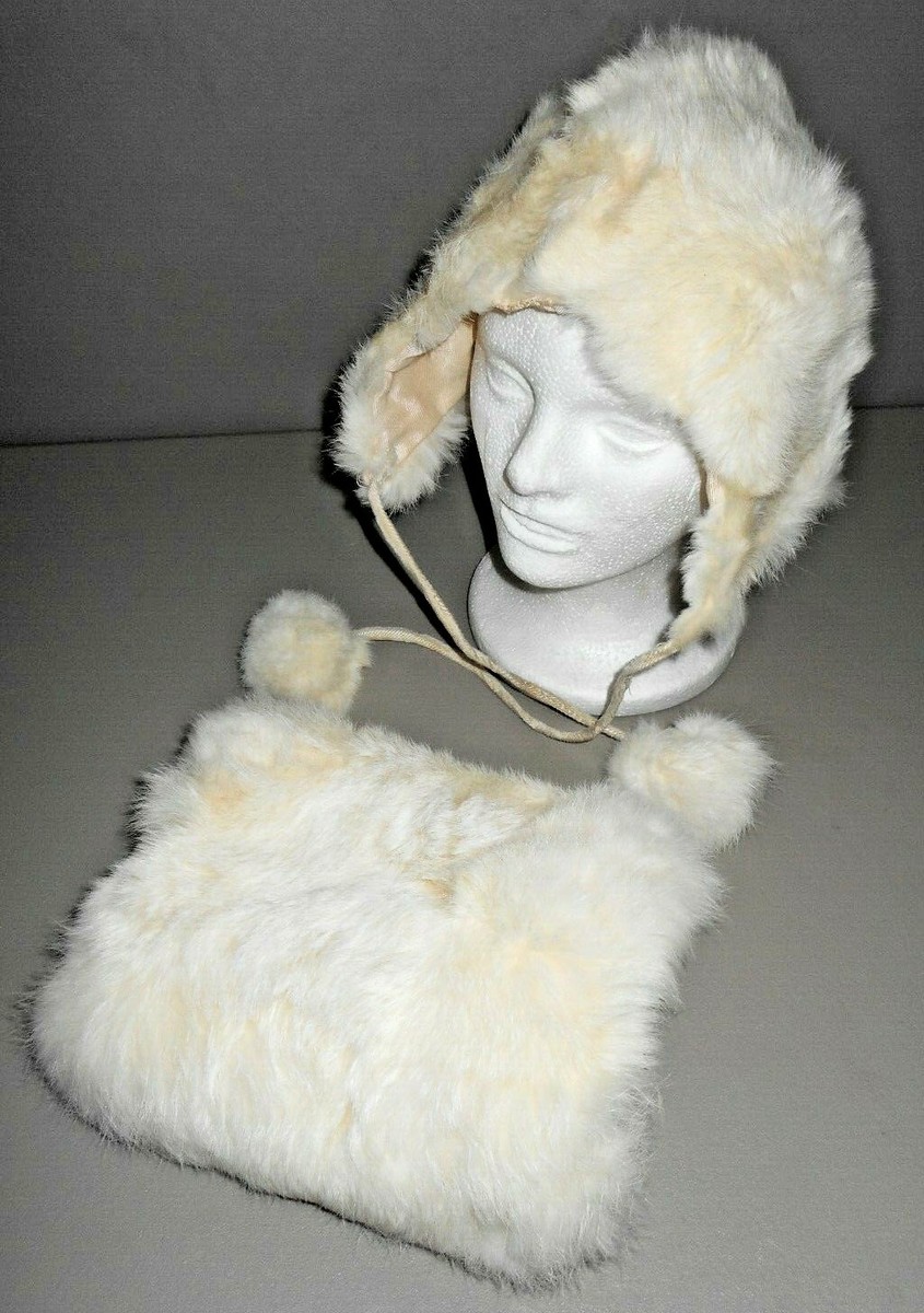 White Rabbit Fur Muff Hand Warmer & Hat Mid Century 1950's Vintage