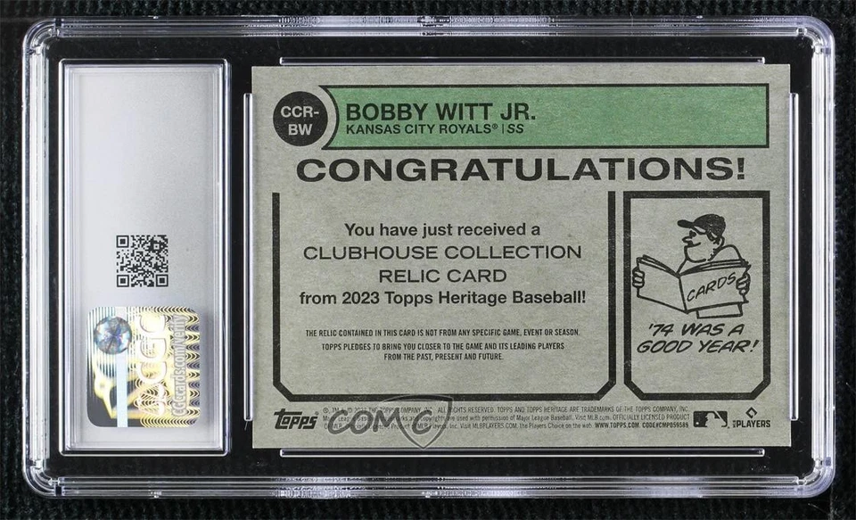 2023 Topps Heritage Clubhouse Collection Relics Bobby Witt Jr CGC 10 Gem Mint - Image 2 of 2