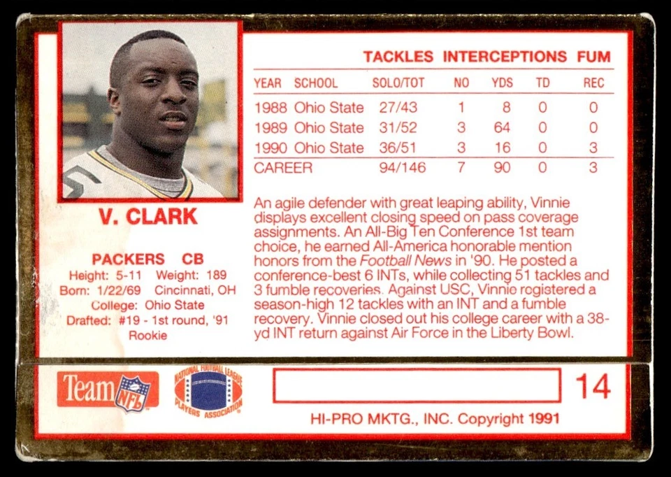 1991 Action Packed Rookie Update Vinnie Clark Rookie Green Bay Packers #14 - Image 2 of 2