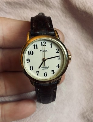 Timex Indiglo Quartz Wristwatch Date White Dial Brown Leather WR 30M Women