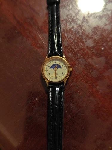 Vtg Timex Moon Phase Watch Women 24mm Gold Tone Leather Band Date New Battery a3