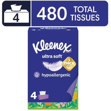 Ultra Soft Facial Tissues, 4 Flat Boxes, 120 Tissues per Box, 3-Ply
