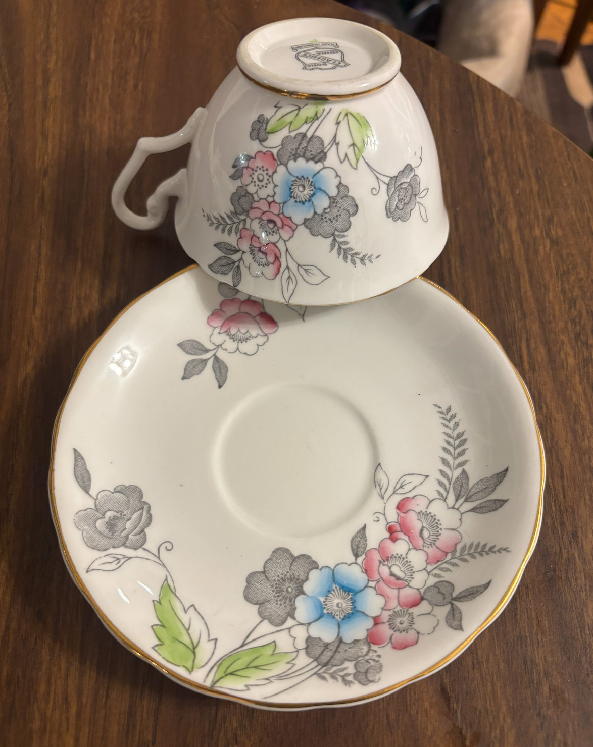 Vintage Clarence England Bone China Pink & Blue Primrose Floral Cup&Saucer 1950s
