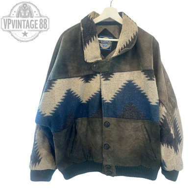 Vintage Aztec Navajo Bomber Jacket - Inca Style Green Navy Leather Wool Coat
