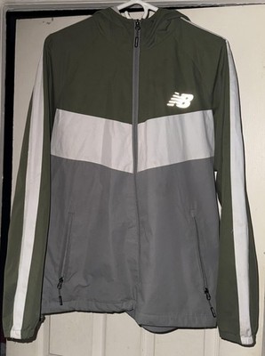 New Balance Jacket Mens Medium Gray Green Colorblock Full Zip Hooded Windbreaker