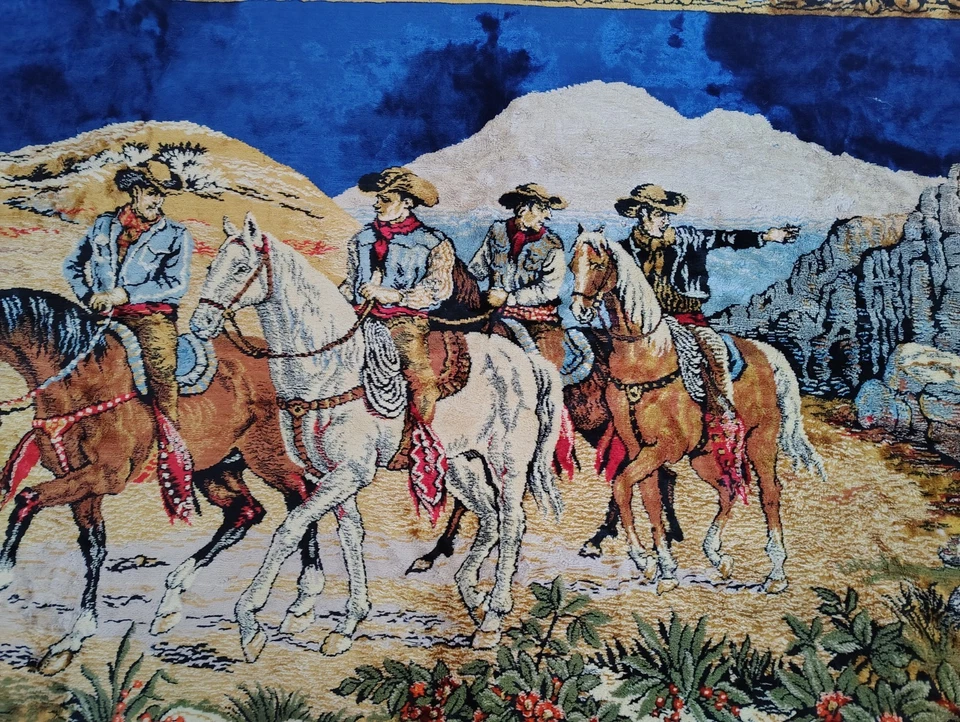 Vtg COWBOY WESTERN horses velvet ART Wall Picture TAPESTRY  - Image 2 of 4