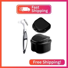 Denture Bath Case Cup with Denture Cleaner Brush  Retainer Holder Box, Complete