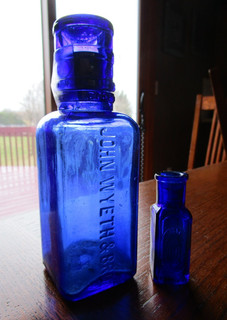2) 1890's COBALT BLUE John Wyeth DOSE GLASS Pittsburgh pharmacy medicine bottle
