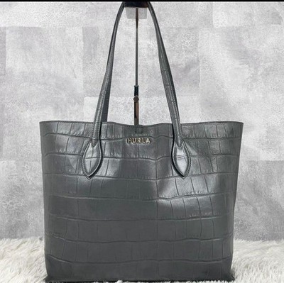 FURLA Ella Croco Logo Leather Tote Bag Grey Large Capacity Vintage Genuine