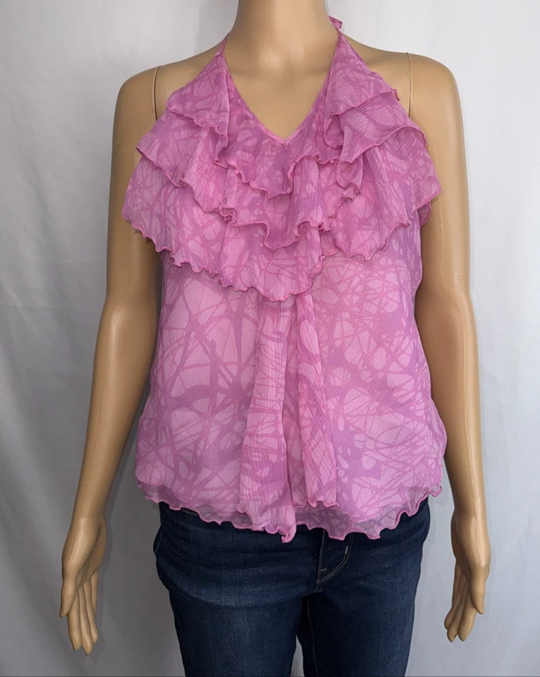Blusa To The Max Halter con Volantes de Seda para Mujer 8 Rosa Transparente Coqueta Y2K Foto 3 de 4