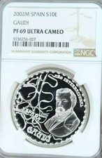 2002 SPAIN SILVER 10 EURO GAUDI NGC PF 69 ULTRA CAMEO RARE GEM PROOF