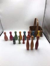 Vintage Wooden Bowling Pins Mixed Lot Colorful Decor Set w Woven Basket