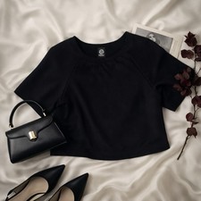 Black Crop Top Cutout Neck Minimalist Boxy Blouse 3/4 Sleeve USA Made Oversize S