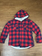 Boston Traders Men Sherpa Lined Hooded Plaid Jacket Red Blue Button up Medium