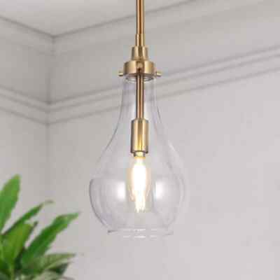 Uolfin Kitchen Island Teardrop Pendant 1-Light Brass Gold Dome Clear Glass