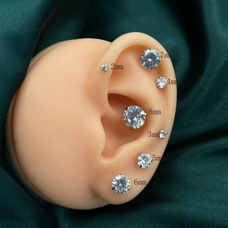 Aretes hipoalergénicos de titanio de acero quirúrgico redondo circonita cúbica con tornillo posterior PE31 Foto 2 de 4