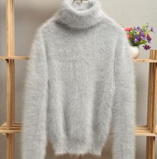 GREY 90 % ANGORA WOLLE ROLLKRAGENPULLOVER WOOL JUMPER SWEATER MINK CASHMERE M L