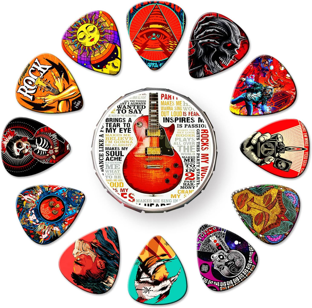 Guitar Picks Variety Pack 24 Thin Medium Heavy with Tin Box for Guitar Lovers