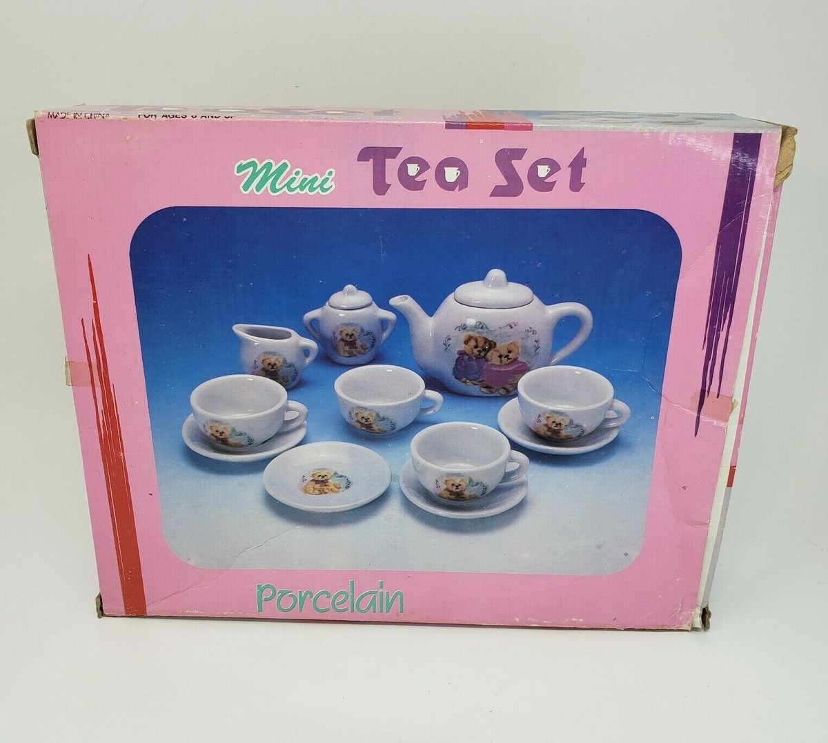 VINTAGE 1991 MINI PORCELAIN TEA DRINK SET TEDDY BEARS 12 PIECES