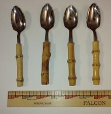 Set of 4 Vintage MCM Grapefruit Spoons w/Bamboo Handles Stainless Serrated Japan