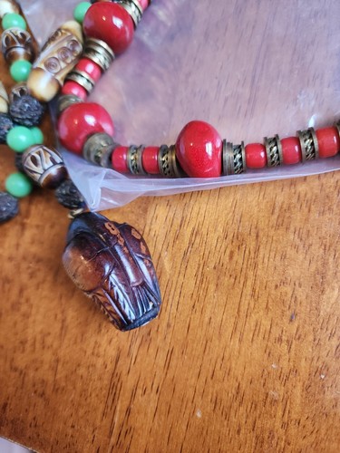 Lot Of Native Navajo Jade & stone Necklace w/Wood Carving beads 1Brass & Stone - Picture 2 of 4