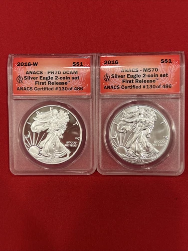 2016 W $1 American Silver Eagle ANACS PR70 & MS70 2-coin Set First Release