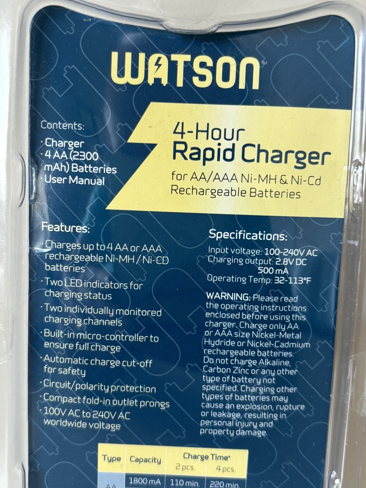 Watson 4Hour Rapid Charger AA and AAA NiMH and NiCd Rechargeable+4 Batteries