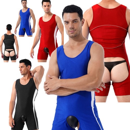 -Mens One-Piece Bodysuit Open Butt Leotard Gay Wrestling Singlet Jumpsuits - Picture 4 of 34