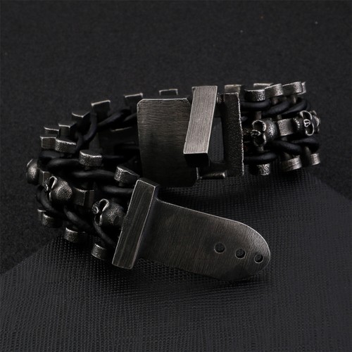 "Pulsera de cuero punk rock negra de acero inoxidable de 25 mm de ancho para hombre 9" - Imagen 7 de 9