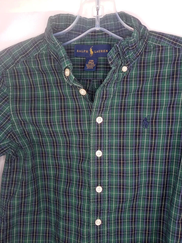 Ralph Lauren 儿童纽扣长袖正装衬衫格子绿色/蓝色 S 8 码 — 第 3/4 张图片