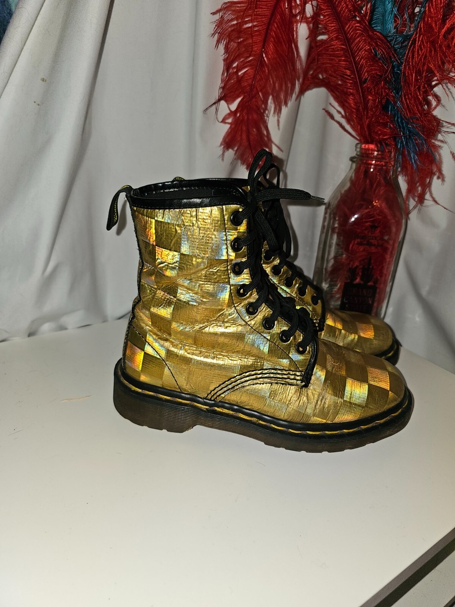 Dr. Martens Gold Holographic Checkerboard Lace-Up Boots 2 DR. MARTENS HOLOGRAPHIC METALLIC GOLD BOOTS MADE IN  main image 4