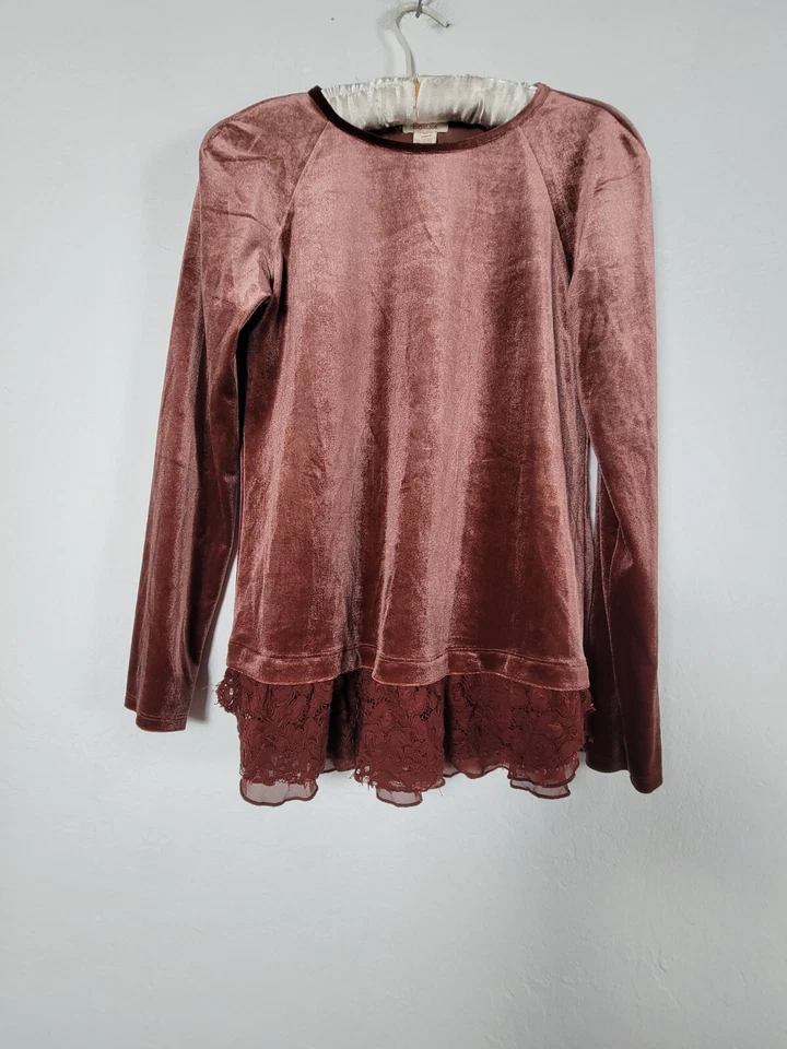 Top Sundance Mujer Terciopelo Manga Larga XS Sólido Borgoña Encaje Gasa Dobladillo Informal
