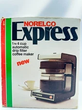 Vtg 70s NORELCO Express (HB5123) 1-4 Cup Auto Drip Coffee Maker w/ Box & Extras