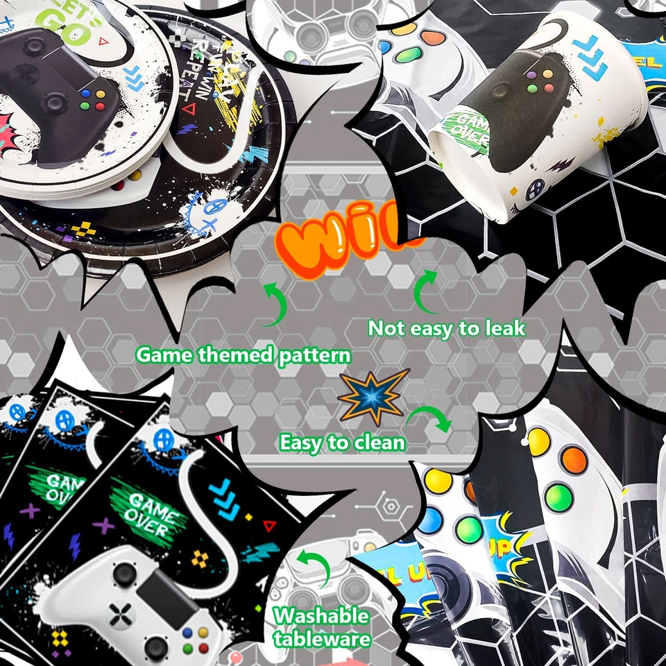 Globos vajilla cumpleaños jugador decoraciones fiesta videojuego blanco y negro Foto 3 de 4