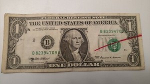 FR 1924 B FRN $1.00 BILL MISS ALINED ERROR SERIAL # and the DISTRICT # "2" HIDEN