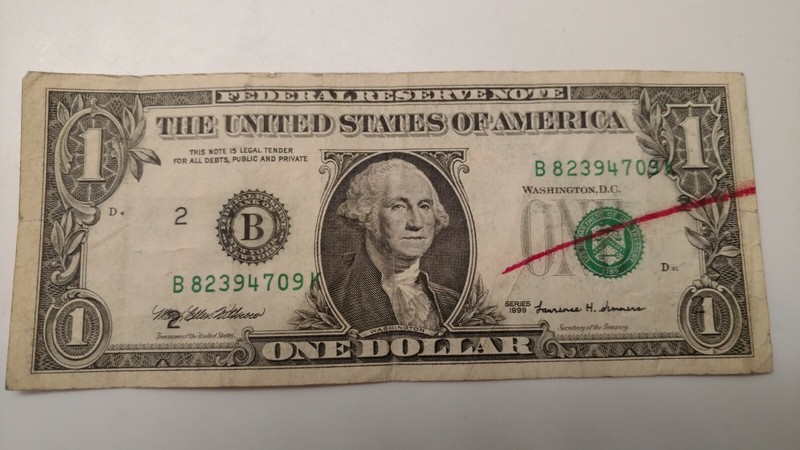FR 1924 B FRN $1.00 BILL MISS ALINED ERROR SERIAL # and the DISTRICT # "2" HIDEN