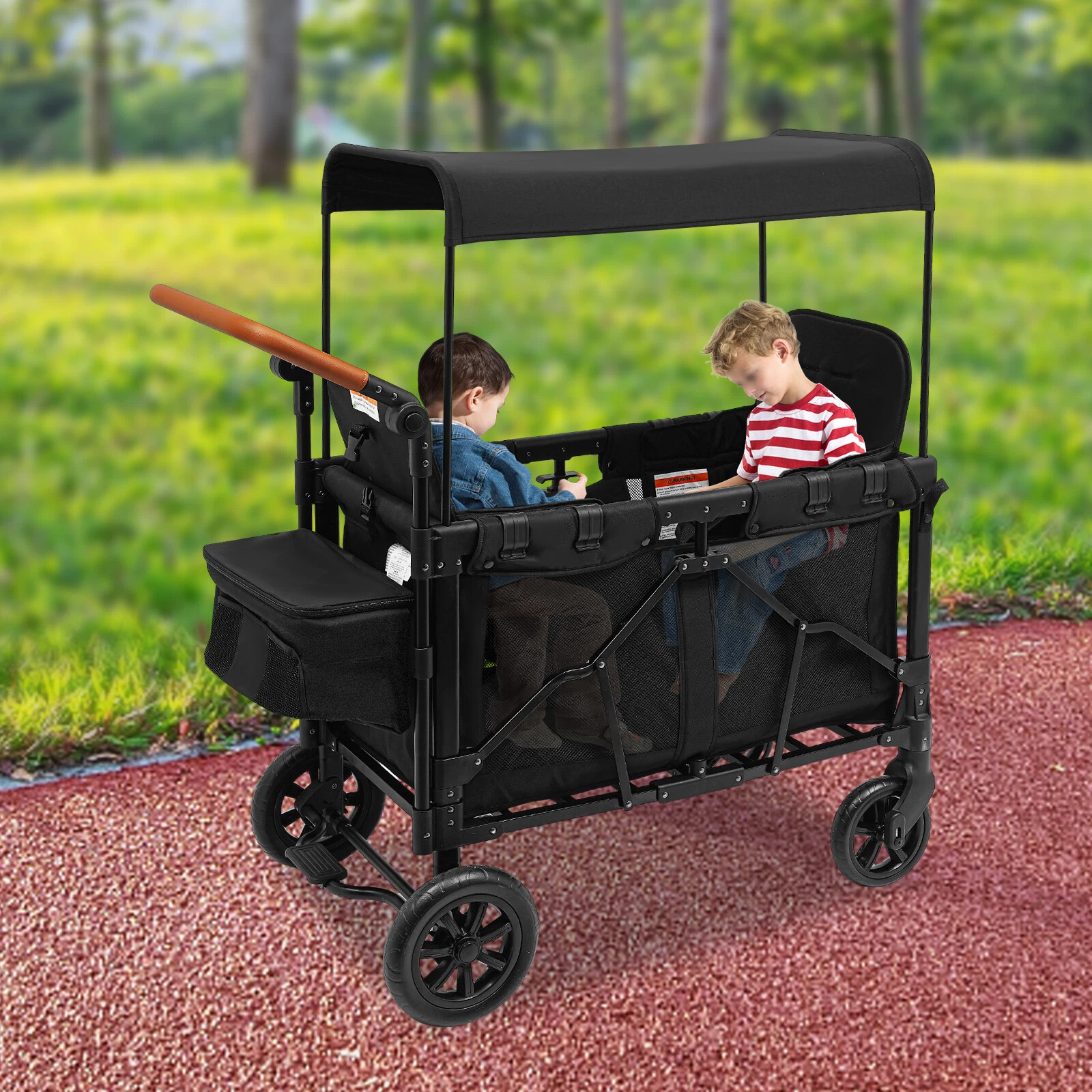 2 Kids Wagon Cart 2-Seat Stroller Wagon Collapsible Quad with Canopy For Travel