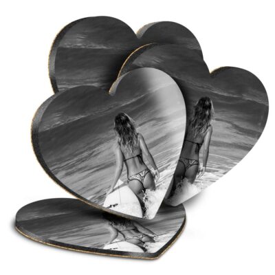 4x Herz MDF Untersetzer - BW - Wave Rider Girl Surf Surfer Surfen #40779
