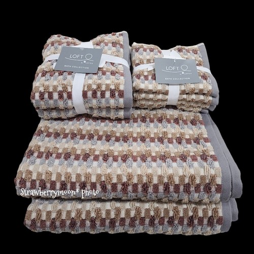8pc Loft Fall Check Bath Hand Washcloth Towel Set Gray Bronze Tan Cream New - Picture 8 of 8
