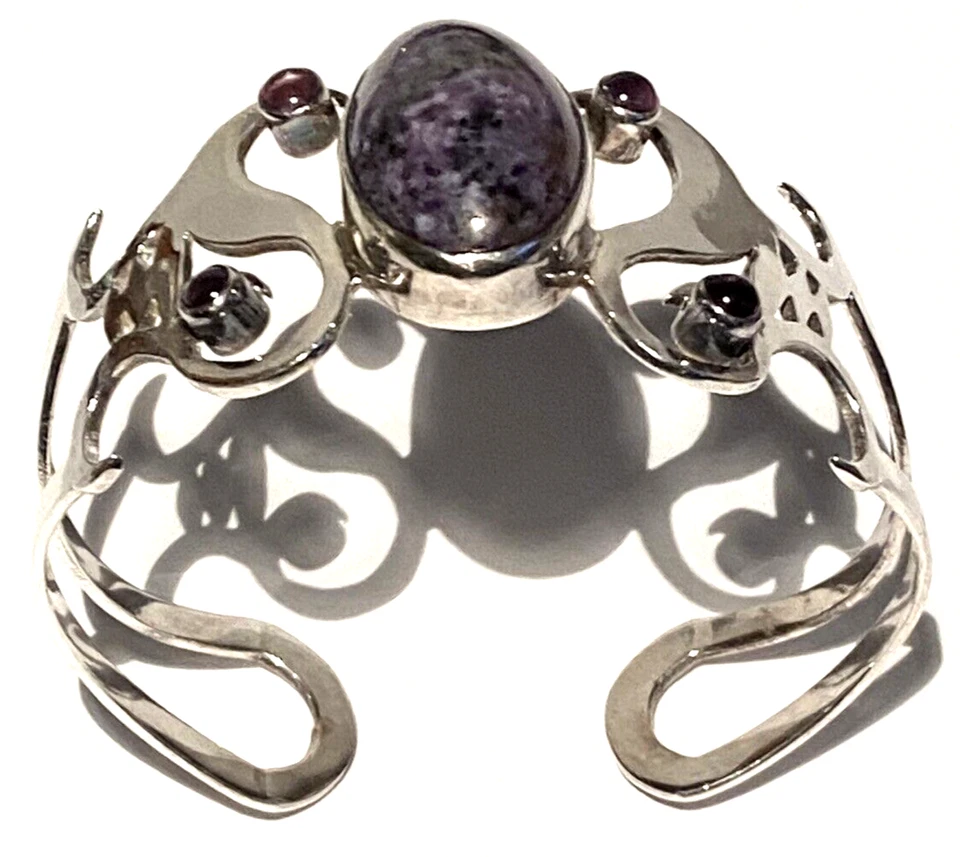PULSERA BRAZALETE ARTESANAL VINTAGE PLATA ESTERLINA CHAROITE AMATISTA ESCULTURA MODERNA Foto 3 de 4
